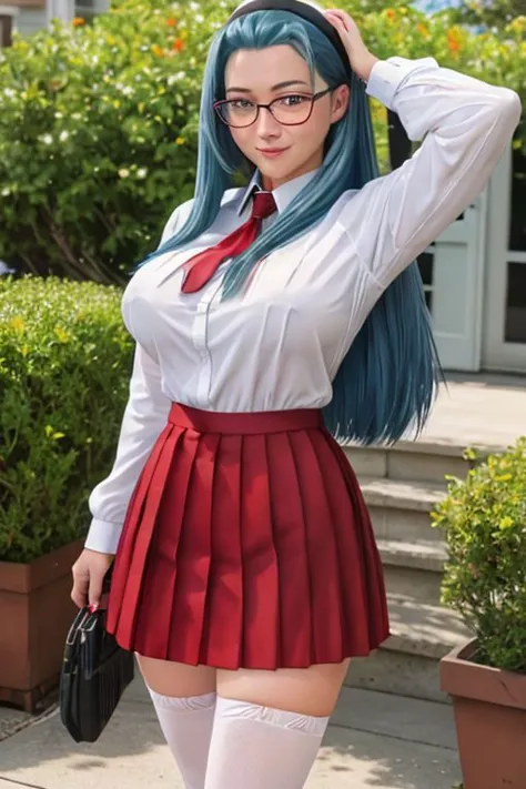 a close up of a woman in a skirt and shirt posing