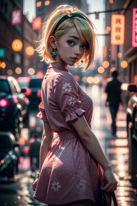 a woman in a pink dress is standing on a city street