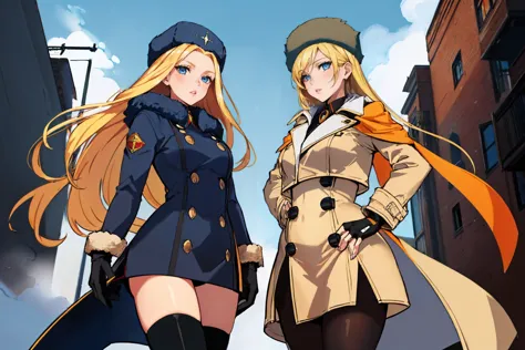 cowboy shot, 2girls, looking at viewer, long hair, blonde hair, fur hat, blue eyes BREAK
sfkolin, black coat, elbow gloves, thig...