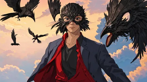 anime character with a red cape and black wings flying in the sky