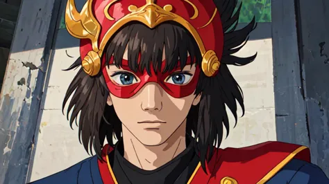 anime character with red and gold mask and red cape