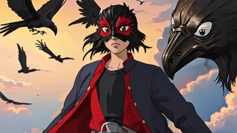 anime character with a crow and a bird in the background