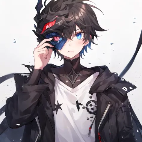 anime boy with black hair and blue eyes holding a cell phone