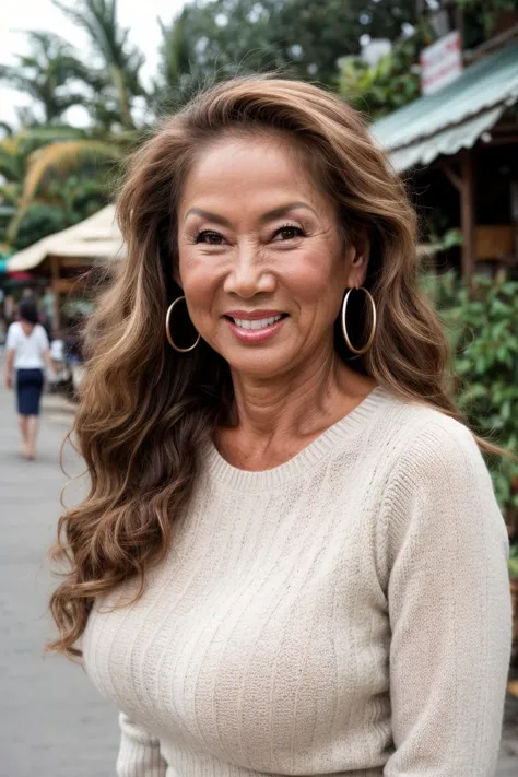 <lora:minka:1>,minka,53yo,face,smiling,sweater,granny,standing in thailand on a street, photorealistic photo,highly detailed 8k ...
