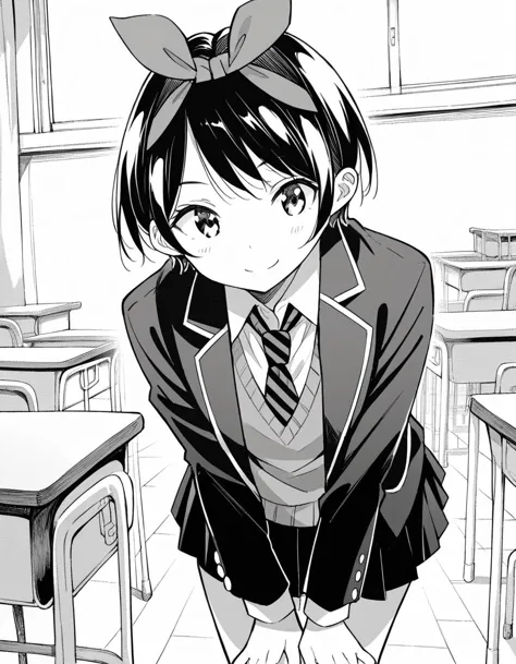 anime girl in school uniform leaning on desk in classroom