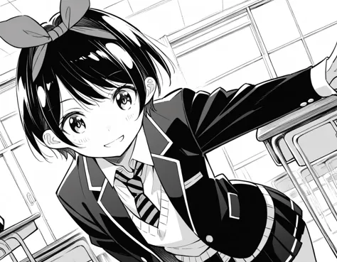 anime girl in uniform pointing at something in a room