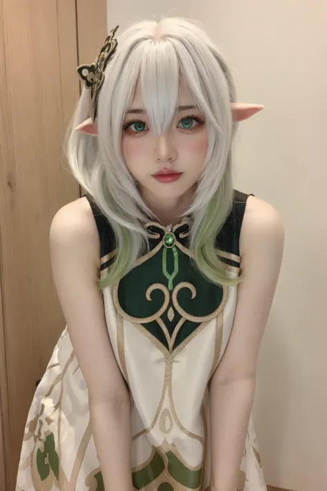 a woman with long white hair and green eyes posing for a picture