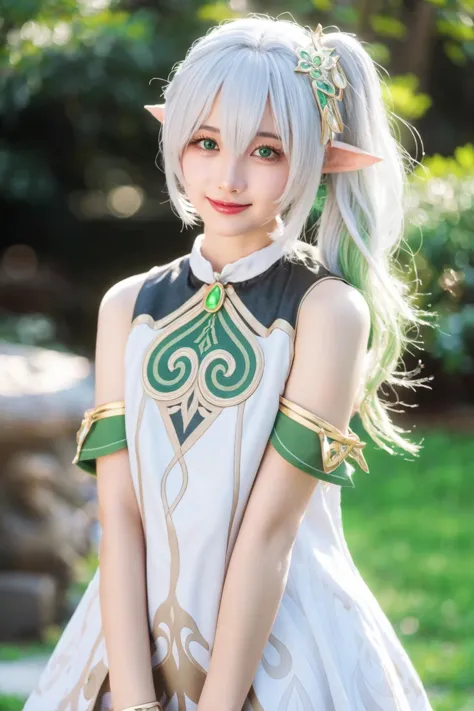 a woman in a white dress with green hair and a green and white dress