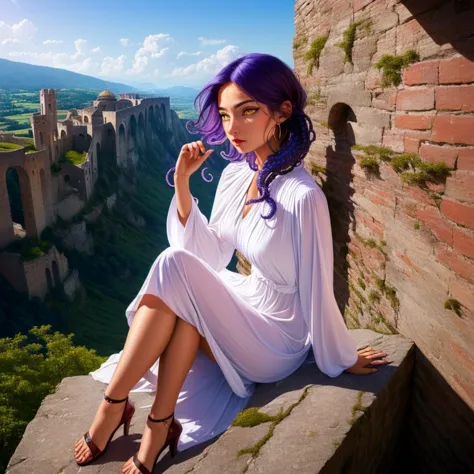 arafed woman in white dress sitting on ledge with purple hair