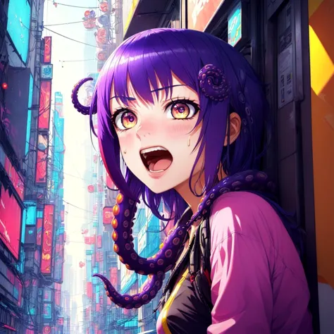 anime girl with purple hair and purple eyes in a city