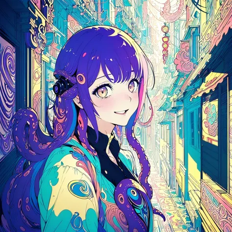 a woman with purple hair and blue eyes stands in a hallway