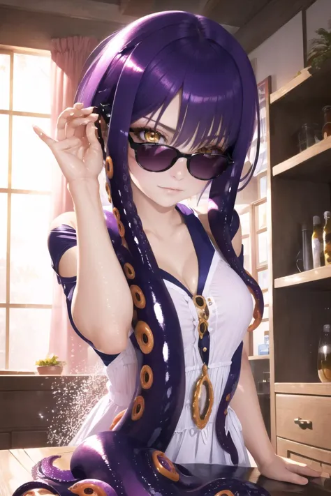 anime girl in purple outfit sitting on a table with a purple octopus costume