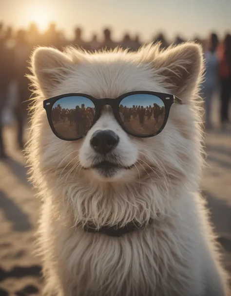 a closeup photorealistic photograph of a cute stylish panda themed Pomeranian puppy dog wearing cat-eye sunglasses at the beach ...