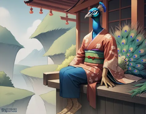 there is a peacock sitting on a ledge with a bird on it