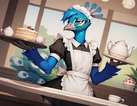 there is a cartoon of a bird holding a tray with a cake on it