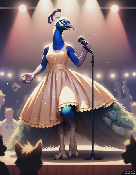 score_9, score_8_up, score_7_up, <lora:PeacockPonyXL:1>, peacock, female, anthro, tail feathers, detailed background, peacock dress, stage, microphone stand, spotlight, music notes, open mouth, talons, audience, depth of field