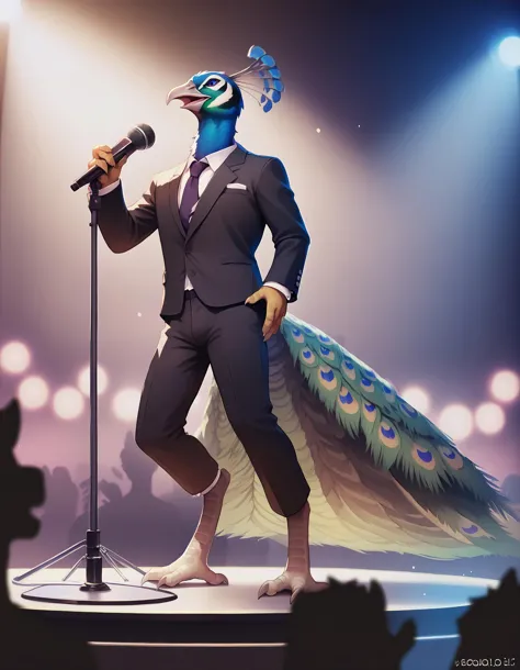 there is a man in a suit and a peacock mask on stage