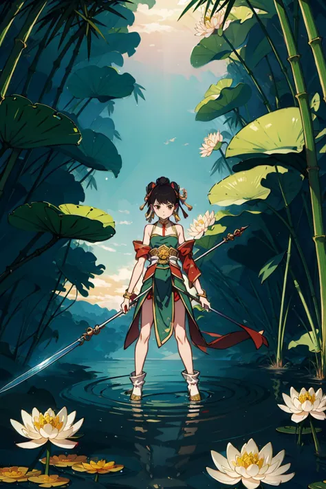 1girl, , <lora:nezha_20230529030816:0.75>, (flying), chinese mythology,lake full of lotus and lily pad,  <lora:UnlimitedBladeWorksV0.3:0.8>,holding spear, standing in lotus,bamboo forest,sky,DualWielding,Unlimited Blade Works,Weapon on back