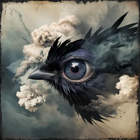 painting of a bird with a blue eye and a cloud in the background