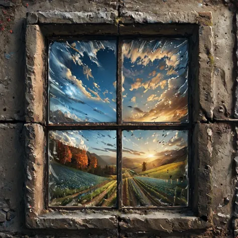 a close up of a window with a painting of a field