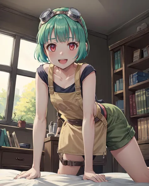 best quality, (masterpiece:1.2), illustration, absurdres,
(1girl, solo), (beautiful detailed girl),
<lora:Mint-06:0.7>, Mint, green hair, red eyes, small breasts, thin, petite, goggles on forehead, goggles on hair,black vest, (brown apron:1.2), blue sneake...