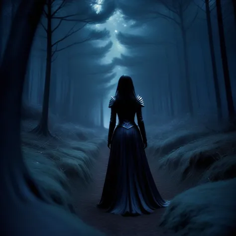 a woman in a long dress walking through a forest at night