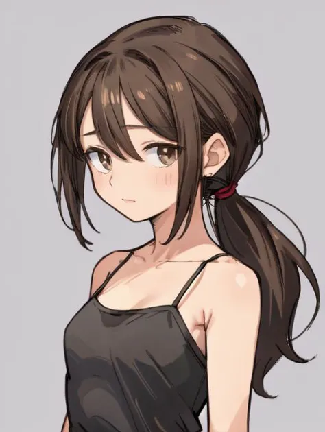 (masterpiece, high quality:1.4), BREAK,
1girl, teen, solo, (medium hair:1.2), (low ponytail:1.25), brown hair, hair between eyes, narrow waist, brown eyes, flat chest, <lora:low_ponytail-1.0:1>,
BREAK,
black camisole, sleeveless, 
upper body,