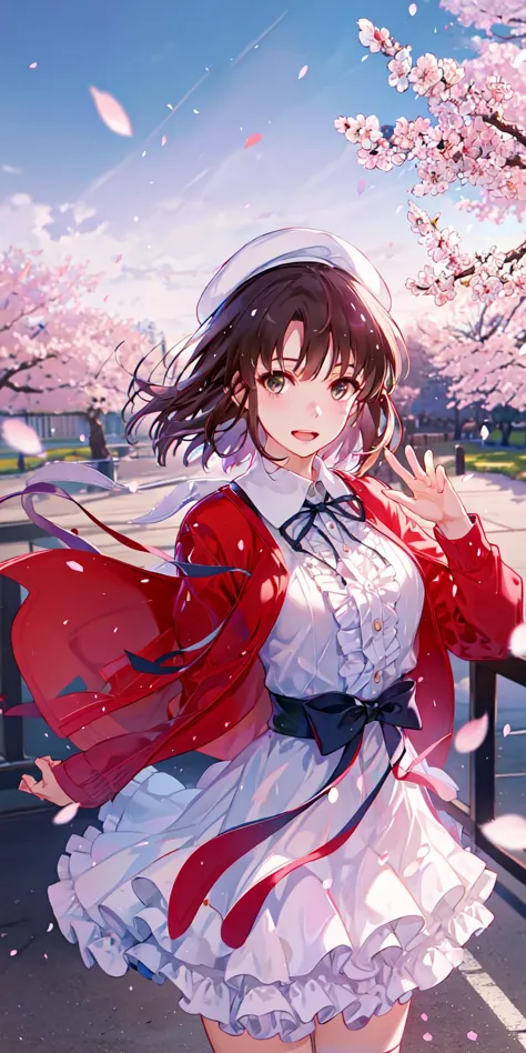 (Masterpiece:1.2, high quality), (pixiv:1.4), (1girl:1.2), (solo:1.2), (shenqi:0.6),
,deep shadows, hard rim lighting, dramatic lighting, sharp focus, looking at viewer, ambient light, outdoors, floating hair, wind, cherry blossoms, cowboy shot , katou megumi, white dress, red jacket, neck ribbon, beret, frills, bow, smile, open mouth, waving
 <lora:katouMegumiSaekano_v1:0.6>