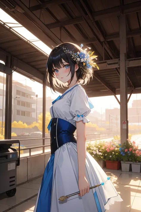 anime girl in a blue and white dress holding a wand