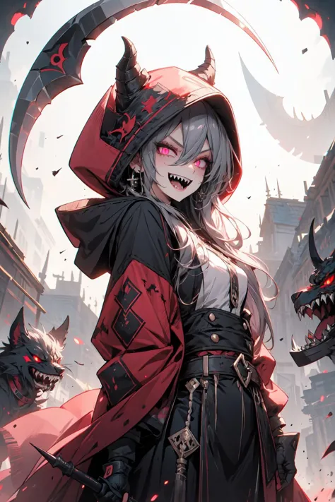 a woman in a red cape and black outfit standing in front of a demon