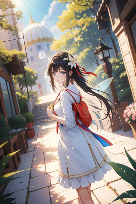 anime girl with long hair and a backpack walking down a sidewalk