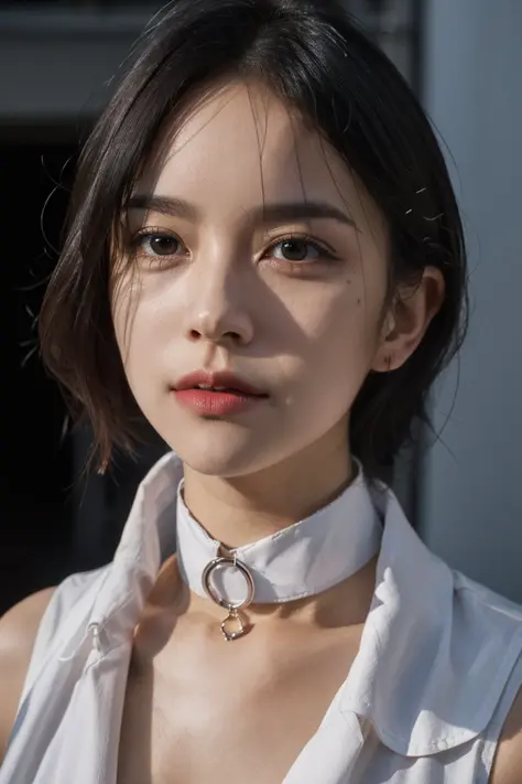 1girl, idol, close-up, face, rimlight, ,, photo, film, depth of field, parted lips, sexy, choker, collar, fashion,