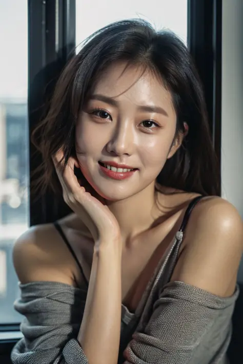 1girl, idol, close-up,  collarbone, photo, film, hand on own face,  depth of field, smile, model, window, looking at viewer, real life, off shoulder, teeth,