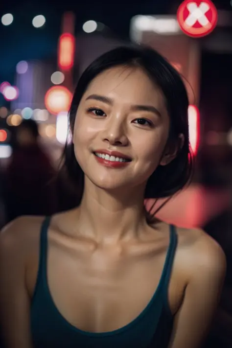 1girl, idol, model, depth of field, photo, film, face, skinny, smile, collarbone,  teeth, movie, camisole, selfie, night,