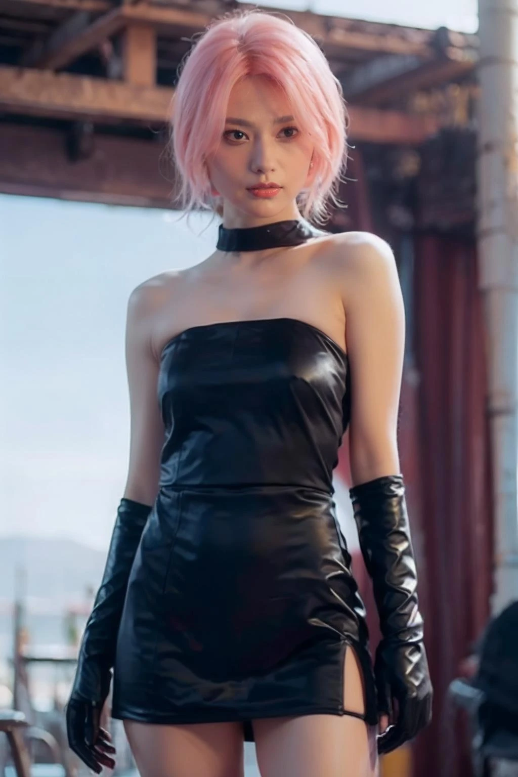 (day:1.3),(pale_skin:1.2),(face lighting:1.2),super high resolution,best quality,Photos,4k,(Realistic:1.2),xiahe,1girl,solo,short hair,thigh,standing,strapless_dress,single focus,lips,gloves,red hair,
