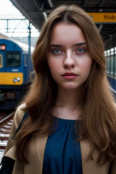 <lora:KristaKass:1>, full color portrait of a young woman, waiting for a train in moscow, natural light, epic character composit...