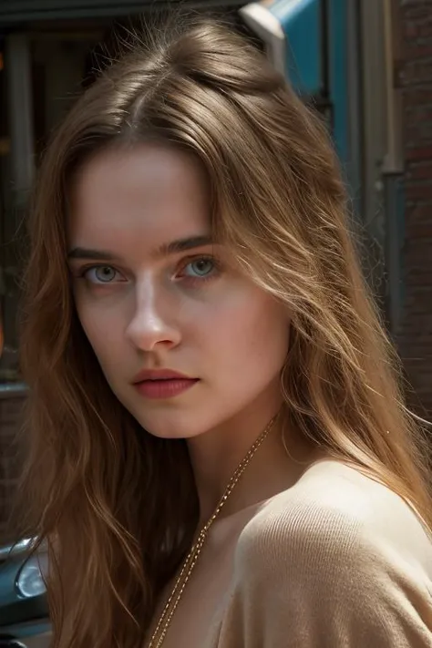 a close up of a woman with long hair and a necklace