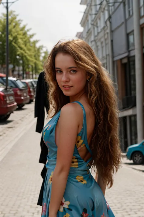 <lora:Krista:0.8>, full color portrait of young woman, wearing a summer dress, in a crowded russian street, god rays, natural light, RAW photo, subject, 8k uhd, dslr, soft lighting, high quality, film grain, Fujifilm XT3