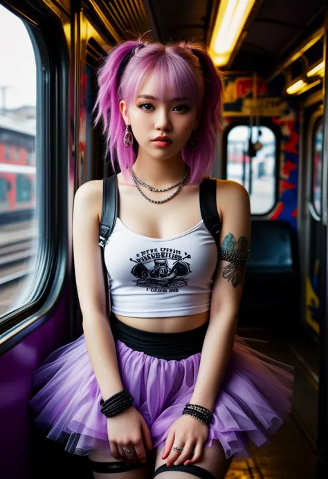 score_9, score_8_up, score_7_up,  1girl (medium full shot) of (angelic young woman:1.1) punk chinese, dark eyes, fair skin, petite,             wearing a tattered band t-shirt,tulle tutu skirt, paired with fishnet stockings, vibrant purple hair styled into messy dreadlocks with colorful beads woven throughout, plethora of silver hoop earrings adorning her ears, twisted looking back over shoulder, pointe pose,  worried, v, in  a graffiti-tagged train carriage hurtling through the urban landscape, its windows rattling with the bass of punk rock anthems blaring from tinny speakers, Inside, passengers find themselves surrounded by the chaotic energy of the punk scene, while servers with brightly colored hair and piercings deliver eclectic fare with a side of counterculture attitude, Masterpiece,best quality, photorealistic, amazing quality, very aesthetic, extremely detailed face