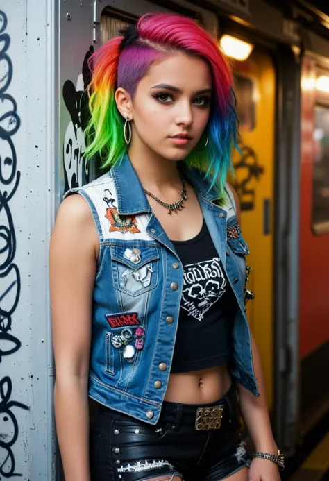 score_9, score_8_up, score_7_up,  1girl (medium full shot) of (angelic young woman:1.1) punk arabian, green eyes, olive skin, curvy,             wearing a patched denim vest over a graphic t-shirt,black leather pants, vibrant rainbow ombre spiked messy hair, adorned with safety pins and tiny skulls, leaning back against a wall, horns pose,  lonely,heart tail duo, in  a graffiti-tagged train carriage hurtling through the urban landscape, its windows rattling with the bass of punk rock anthems blaring from tinny speakers, Inside, passengers find themselves surrounded by the chaotic energy of the punk scene, while servers with brightly colored hair and piercings deliver eclectic fare with a side of counterculture attitude, at night, Masterpiece,best quality, photorealistic, amazing quality, very aesthetic, extremely detailed face