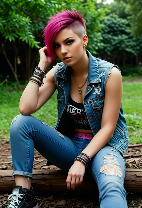 score_9, score_8_up, score_7_up,  1girl (medium full shot) of (attractive young woman:1.1) punk arabian, green eyes, olive skin, curvy,             wearing a patched denim vest over a shredded crop top,acid-washed skinny jeans, bright fuchsia pink half-shaved haircut, spiked bracelets, confident stance, feminine pose,  pitiful, fellatio gesture, in  a secluded bonfire pit, hidden in a corner of the park surrounded by overgrown bushes and discarded beer cans, Punks gather around the flickering flames, sharing stories and strumming guitars, their anarchic spirit reflected in the crackling fire, at night, Masterpiece,best quality, photorealistic, amazing quality, very aesthetic, extremely detailed face