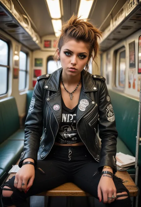 ((fashion photography)), perfect face, perfect eyes, (medium full shot) of  (gorgeous punk) young woman, italian, green eyes, tan skin, tiny, wearing a black leather biker jacket covered in punk band pins,distressed skinny jeans,knee-high lace-up boots, brown messy curled hair, nose piercing, smudged eyeliner,plethora of chunky silver rings, set in  a punk-themed train compartment, decked out with DIY decor crafted from recycled materials and adorned with anarchist slogans and protest art, Passengers huddle together in the cramped space, sharing stories and swapping zines, while servers clad in patch-covered jackets dish out unconventional eats inspired by punk ethos, surprised, open mouth, pointing her finger at the viewer, masterpiece, best quality, photorealistic, very aesthetic