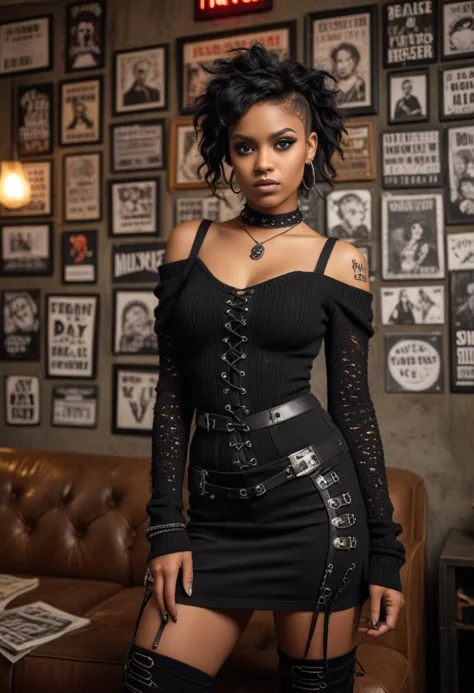 ((fashion photography)), perfect face, perfect eyes, (medium full shot) of  (desirable punk) young woman, black american, dark eyes, dark skin, full-figured, wearing a distressed knit sweater with shredded sleeves,black corset dress with lace-up detailing, paired with mismatched knee-high socks,knee-high leather boots, jet-black messy curled hair, plethora of silver hoop earrings adorning her ears, bold winged eyeliner,mesh arm sleeves, set in  a rebellion-themed living room, featuring a mishmash of vintage protest signs, DIY punk banners, and anti-establishment artwork, reflecting a spirit of defiance and resistance, at night, smiling at the viewer, masterpiece, best quality, photorealistic, very aesthetic