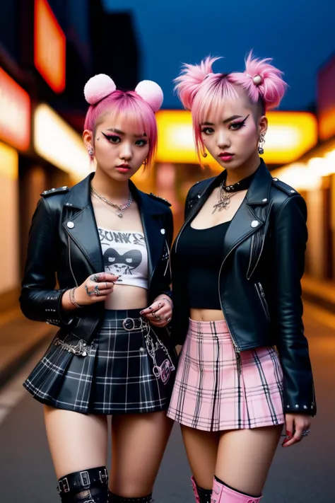 ( nighttime street photography) of two Japanese punk girls,(JAV),punk wearing a deconstructed blazer with safety pin accents,plaid skirt,studded ankle boots, cotton candy pink hair, doughnut hair bun, ear piercings, bold winged eyeliner,leather studded cuff bracelet,mesh gloves,spiked wristbands,provocative allure,intricate background,<lora:Jasmine:1.3>,eye catchlights,