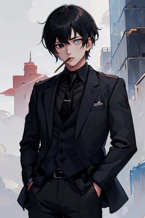 (masterpiece, best quality:1.2), solo, male focus, 1boy, justtnp, pocky in mouth, looking at viewer, hands in pockets, heterochromia, formal, black jacket, black necktie, black pants <lora:oc_justtnp:0.8> <lora:concept_pockyinmouth-10:1>