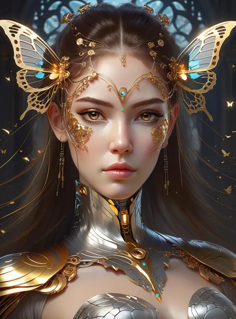 photo, 8k portrait of beautiful cyborg with brown hair, intricate, elegant, highly detailed, majestic, digital photography, art by artgerm and ruan jia and greg rutkowski surreal painting gold butterfly filigree, broken glass, (masterpiece, sidelighting, f...