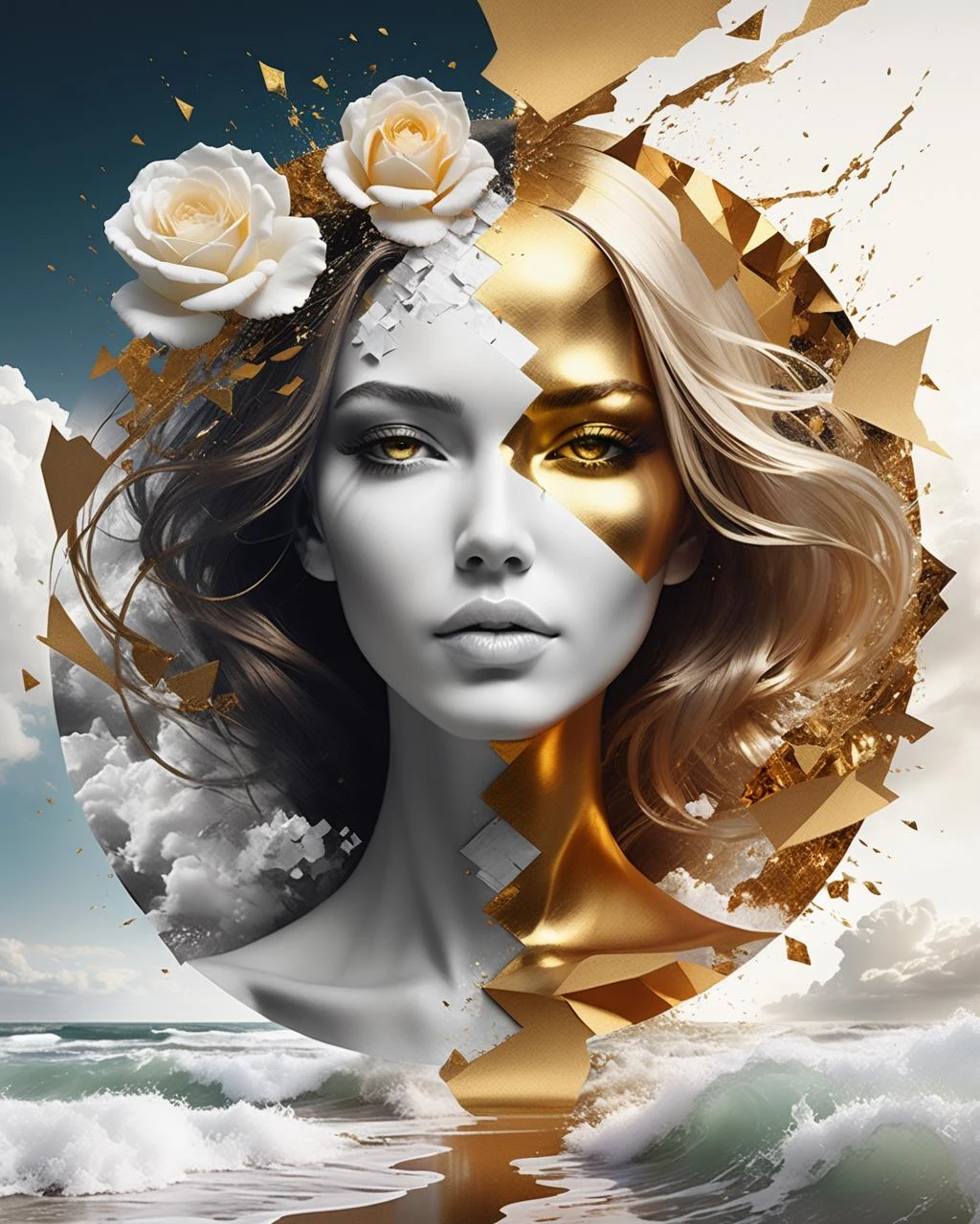 golden, ultra detailed artistic abstract photography of geometrical woman face, Beautiful white rose flower on the seashore, sunny day, white cumulus clouds, detailed symmetric circular iris, shattered paper fragments, natural body posture, art by alberto seveso, by guy denning, by johannes itten, by russ mills, by gustav klimt, Symmetrical, abstract art style, intricate complex watercolor painting, sharp eyes, Digital painting, color explosion, radiance, colorful, Concept art, volumetric lighting, metallic reflections, 8k, by artgerm, Trending on Artstation, 16k resolution, 300 dpi, 600 dpi, 4k, Contest winner, High definition, golden eyes , detailed, realistic, 8k uhd, high quality