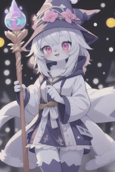 anime, cute furry girl, wizard hat, robe, thigh-highs, holding ancient staff, happy, midnight, bloom, ambient occlusion, glow, glowing lights, light particles, transparent, translucent, bokeh, depth of field, snow, wind