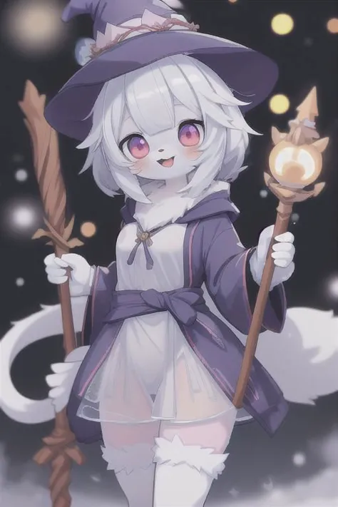 anime, cute furry girl, wizard hat, robe, thigh-highs, holding ancient staff, happy, midnight, bloom, ambient occlusion, glow, g...
