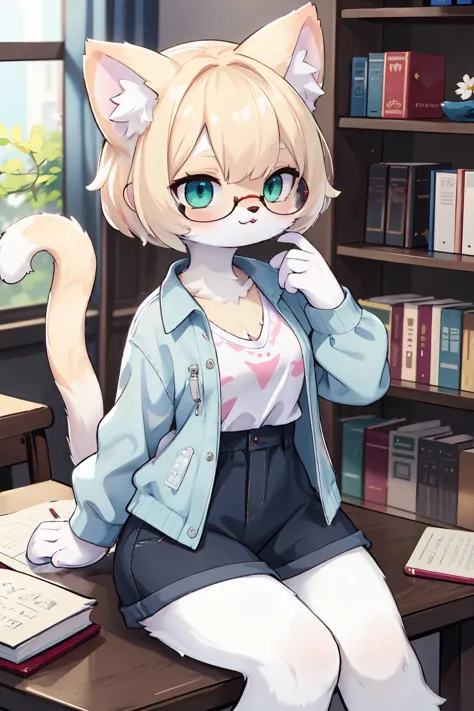 ((masterpiece, best quality)), (furry female, furry cat girl:1.3), (tail), animal ears,
1girl, blonde_hair, book, bookshelf, fac...